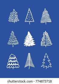 Hand drawn set of Christmas trees. Holidays background. Abstract  doodle drawing woods. Vector art illustration