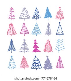 Hand drawn set Christmas trees  Holidays background  Abstract  doodle drawing woods  Vector art illustration
