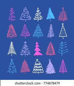 Hand drawn set Christmas trees  Holidays background  Abstract  doodle drawing woods  Vector art illustration