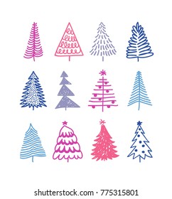 Hand drawn set of Christmas trees. Holidays background. Abstract  doodle drawing woods. Vector art illustration