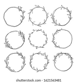 Hand drawn set of cicle floral frame. Border for banner, wedding, greeting card design. Sketch style vector illustration. Copy space for text. Ink drawing.