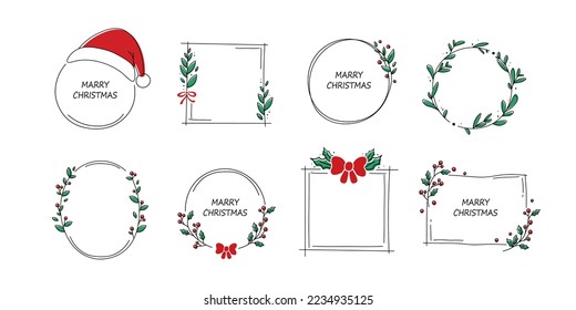 Conjunto dibujado a mano de marco de navidad circular, cuadrada, rectangular y oval. Borde para banner, vacaciones, diseño de tarjetas de felicitación. Ilustración vectorial en estilo de esbozo. Colocar el texto. Floral de Navidad.