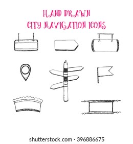 Hand drawn set with city navigation icons. Frames for city objects and signs showing direction. Pointer, flag, arrow icon. Vector stock. 