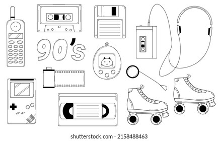 Hand drawn set of classic elements of the 80s, 90s. Retro pop culture items. Doodle style. Vector 