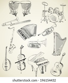 hand drawn set of classical musical instruments