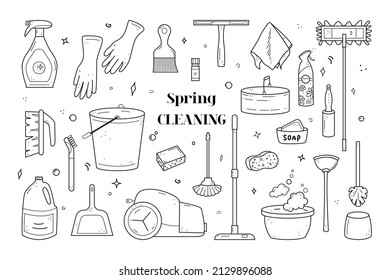 Hand drawn set of cleaning agents, mops, vacuum cleaner, bucket, brushes, soap, rubber gloves. Spring clean chores elements. Vector illustration in doodle sketch style isolated on white background