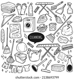 Hand drawn set of cleaning equipments, sponge, spray, broom, bucket. Doodle sketch style. Clean Tools Banner Hand drawn Line art style. Illustration for icon, frame, background.