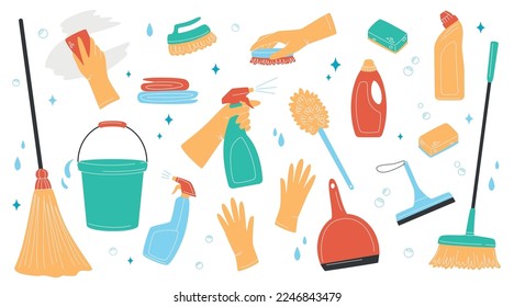 Hand drawn set of cleaning supplies, bottles, brush, spray, sponge, gloves. Housework and cleaning concept. Various Cleaning items. Isolated Vector illustrations. 