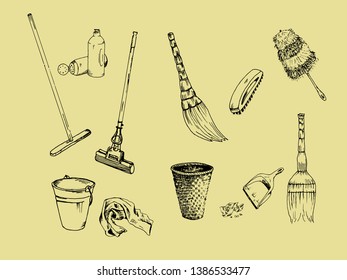 hand drawn set of cleaning tools, brooms, brushes, mop, trash bin etc.