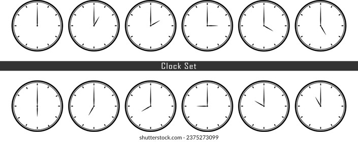 Hand Drawn Set Of Clock , 1 To 12 Hours Indicating Clocks Sets, Vector Clocks Sests