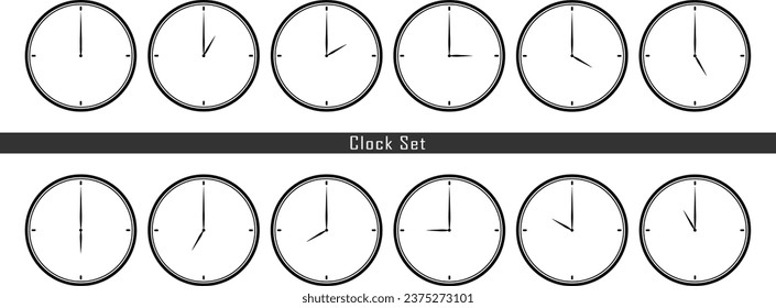 Hand Drawn Set Of Clock , 1 To 12 Hours Indicating Clocks Sets, Vector Clocks Sests