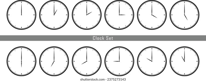 Hand Drawn Set Of Clock , 1 To 12 Hours Indicating Clocks Sets, Vector Clocks Sests