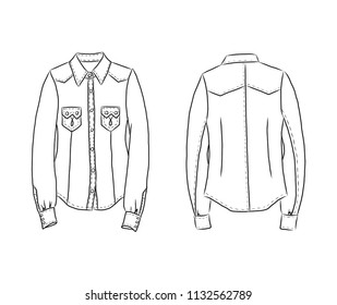 Hand drawn set with clothes, jeans shirt. Vector illustration for backgrounds, textile prints, web and graphic design, logo, poster, banner, for designers and constructors of clothes, line art. EPS 8