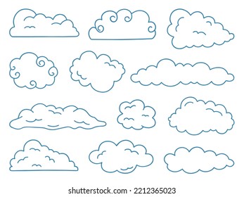 Conjunto dibujado a mano de iconos de doodle de nubes. El cielo en forma de esbozo. Ilustración del vector aislada en fondo blanco