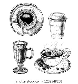 Hand drawn set of coffee cup, glass cup with latte or cappuccino, paper cup. Retro isolated sketches. Vintage figure. Linear graphic design. Black and white image. Vector illustration.