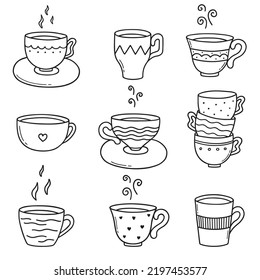 Hand drawn set of coffee cups or tea cups doodle. Tea time in sketch style. Vector illustration isolated on white background