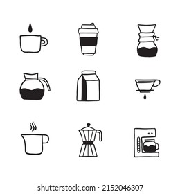 Hand drawn set of coffee icons. Doodle vector illustration.