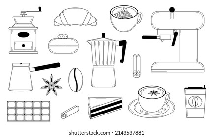 Hand drawn set of coffee illustrations, coffee making equipment and sweets. Doodle style. Vector.