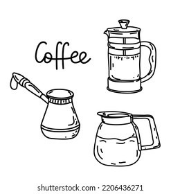 Hand drawn set of coffee items. French press, cezve and coffee pot