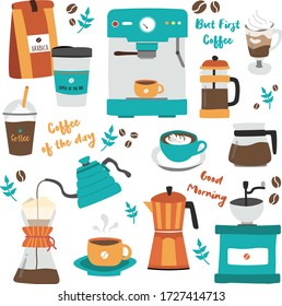 Hand drawn set of Coffee related vector. Let's have a coffee break! Barista. Illustration. Relax and chill. Fika time! Hygge. 