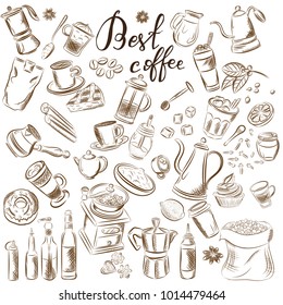 Hand Drawn Set Coffee Vector Illustration Breakfast. Vintage coffee objects for restaurant or cafe menu