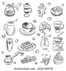 Hand Drawn Set Coffee Vector Illustration Breakfast. Vintage coffee objects for restaurant or cafe menu