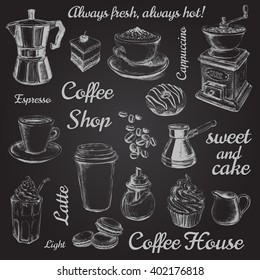 Hand Drawn Set Coffee Vector illustration. Coffee to go. Take away coffee design