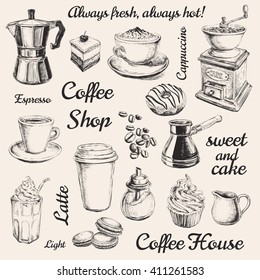 Hand Drawn Set Coffee Vector Illustration Breakfast. Coffee to go. Take away coffee design
