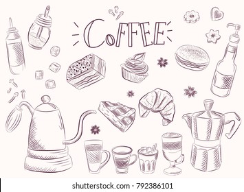 Hand Drawn Set Coffee Vector Illustration Breakfast