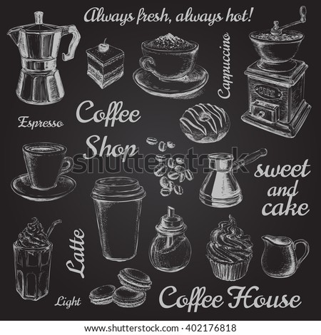Hand Drawn Set Coffee Vector illustration. Coffee to go. Take away coffee design