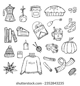 Hand drawn set, collection of autumn icons. Rubber boots, cloud, book, cup of tea, sweater, umbrella, pie, fruits, leaves, jar of jam.	
