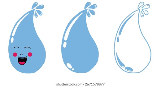 Hand drawn set collection of cute cartoon style water drop character and water symbols vector illustration