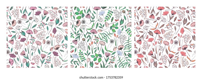 Colección de conjunto dibujada a mano sin fisuras de flores, ramas, hojas, bayas, hierbas. Ilustración floral de color primaveral para tarjeta de diseño, invitación, papel tapizado, papel de envoltura, tela, textil