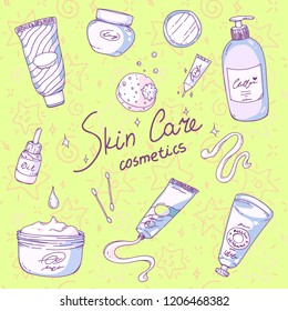 Hand drawn set collection of skin care products. Cream tubes and bottles, oil, sponge and mirror. Colorful illustration for banners, posters, leaflets and ads