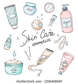 Hand drawn set collection of skin care products. Cream tubes and bottles, oil, sponge and mirror. Colorful illustration for banners, posters, leaflets and ads