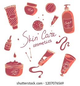 Hand drawn set collection of skin care products. Cream tubes and bottles, oil, sponge and mirror. Colorful illustration for banners, posters, leaflets and ads
