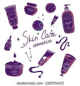 Hand drawn set collection of skin care products. Cream tubes and bottles, oil, sponge and mirror. Colorful illustration for banners, posters, leaflets and ads