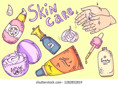 Hand drawn set collection of skin care products. Cream tubes and bottles, oil, hands with cream. Colorful illustration for banners, posters, leaflets and ads