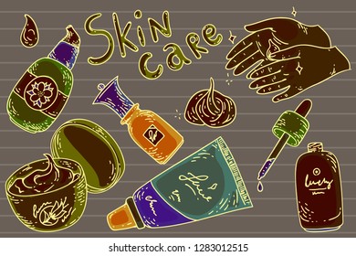 Hand drawn set collection of skin care products. Cream tubes and bottles, oil, hands with cream. Colorful illustration for banners, posters, leaflets and ads