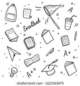 Hand drawn set of college, school study element and good grades. Concept of excellent grades, education, student, pupil study for bacground design. Doodle sketch style vector illustration.