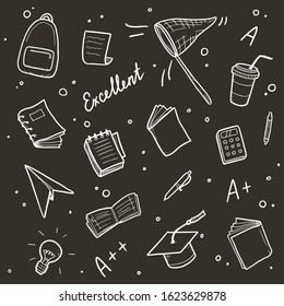 Hand drawn set of college, school study element and good grades. Concept of excellent grades, education, student, pupil study for bacground design. Doodle sketch style vector illustration.