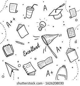 Hand drawn set of college, school study element and good grades. Concept of excellent grades, education, student, pupil study for bacground design. Doodle sketch style vector illustration.