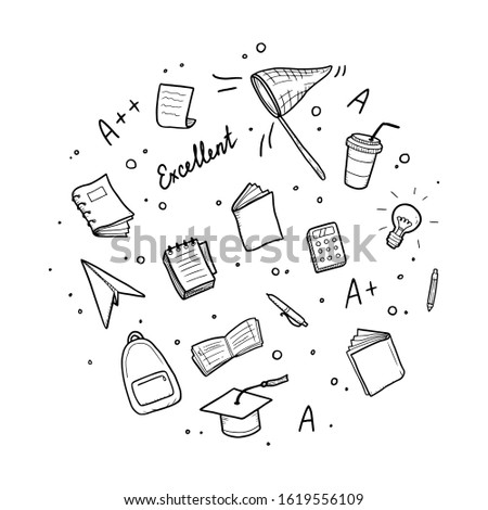 Hand drawn set of college, school study element and good grades. Concept of excellent grades, education, student, pupil study for bacground design. Doodle sketch style vector illustration.