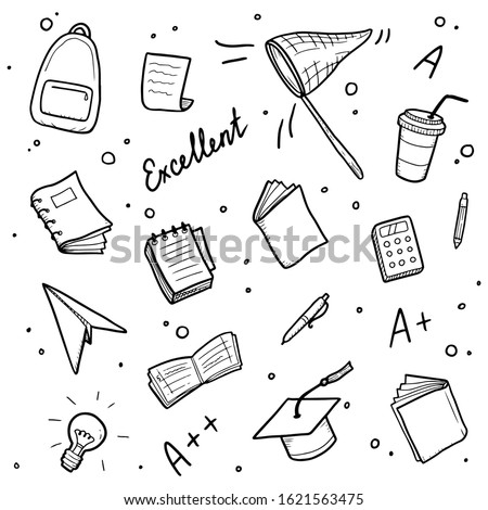 Hand drawn set of college, school study element and good grades. Concept of excellent grades, education, student, pupil study for bacground design. Doodle sketch style vector illustration.