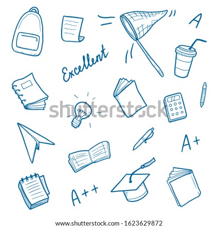 Hand drawn set of college, school study element and good grades. Concept of excellent grades, education, student, pupil study for bacground design. Doodle sketch style vector illustration.