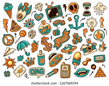 Hand drawn set of Color Fancy Icon doodles in Blue Orange vector