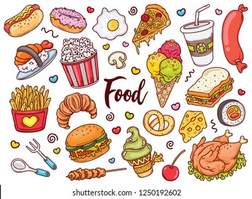 Hand drawn set of Color Food doodles in vector