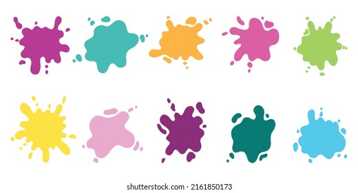 Hand drawn set of color paint splashes. Different shapes of Paint splatter and drops, ink blobs. Vector illustration isolated on white background.