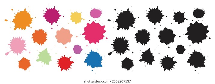 Hand drawn set of color paint splashes. Different shapes of Paint splatter and drops, ink blobs. Vector illustration isolated on white background