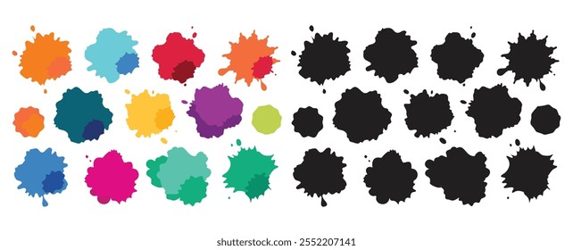 Hand drawn set of color paint splashes. Different shapes of Paint splatter and drops, ink blobs. Vector illustration isolated on white background